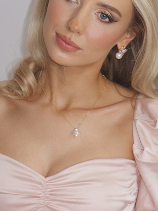 Crystal Hydrangea Pearl Earrings - Blush