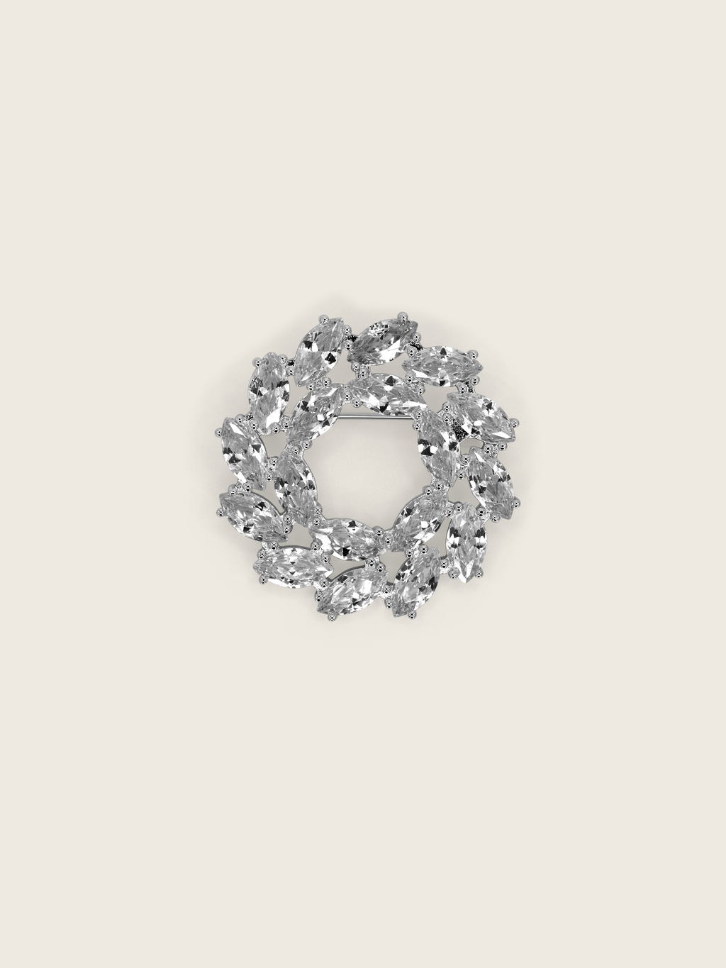 Amanda Brooch with premium White Gold plating featuring clear crystal marquise cut cubic zirconia stones in wreath design, displayed on neutral background