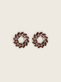 White gold wreath-style stud earrings featuring clustered brown marquise and round-cut stones in a circular silhouette on a neutral background