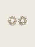 Gold plated wreath-style stud earrings with clustered marquise and round-cut clear stones on a neutral background
