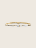 Aurelia 14k gold plated tennis bracelet with central oval clear CZ stone and classic flatlay on neutral background