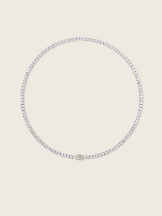White gold plated tennis necklace with clear CZ stones and central oval-cut detail