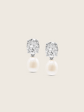 Aurelia earrings with oval clear CZ stones and freshwater pearl drops in premium white gold plating, displayed on a neutral background