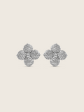 Classic Hydrangea stud earrings in sterling silver with white gold plating, featuring a bold floral design with clear cubic zirconia stones on each petal and a prominent centre stone, elegant statement studs displayed on a white background.