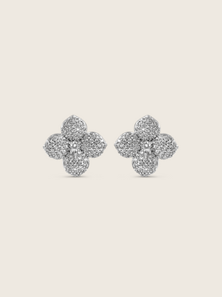 Classic Hydrangea stud earrings in sterling silver with white gold plating, featuring a bold floral design with clear cubic zirconia stones on each petal and a prominent centre stone, elegant statement studs displayed on a white background.