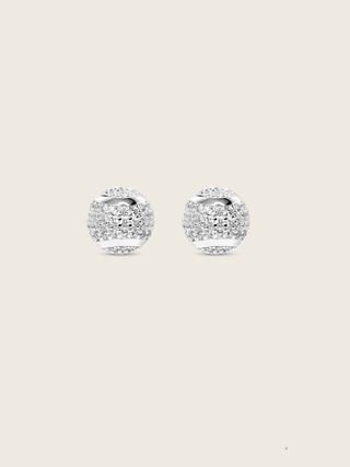 Product image of Court Earrings in premium White Gold plated sterling silver, featuring a pavé CZ tennis ball design. Elegant and sporty studs, ideal for gifting or wearing with the Court Necklace.