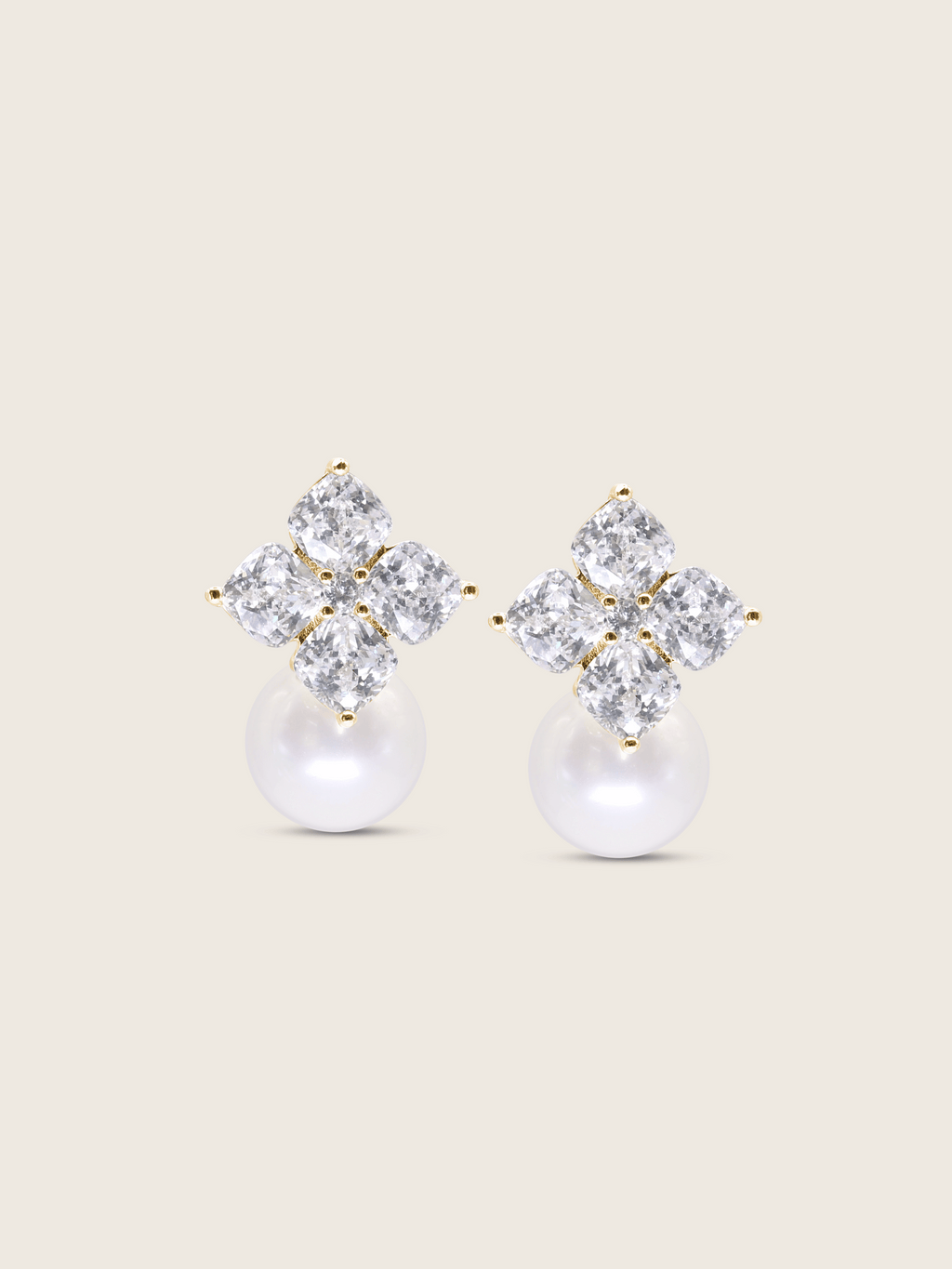 The Crystal Hydrangea Earrings with Shell Pearl featuring intricately cut CZ petals and a luminous shell pearl drop, crafted in sterling silver with gold plating, displayed on a clean white background.