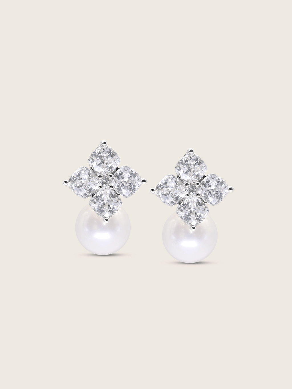 Crystal Hydrangea Earrings with Shell Pearl featuring intricately cut CZ petals and a luminous shell pearl drop, crafted in sterling silver with white gold plating, displayed on a clean white background.