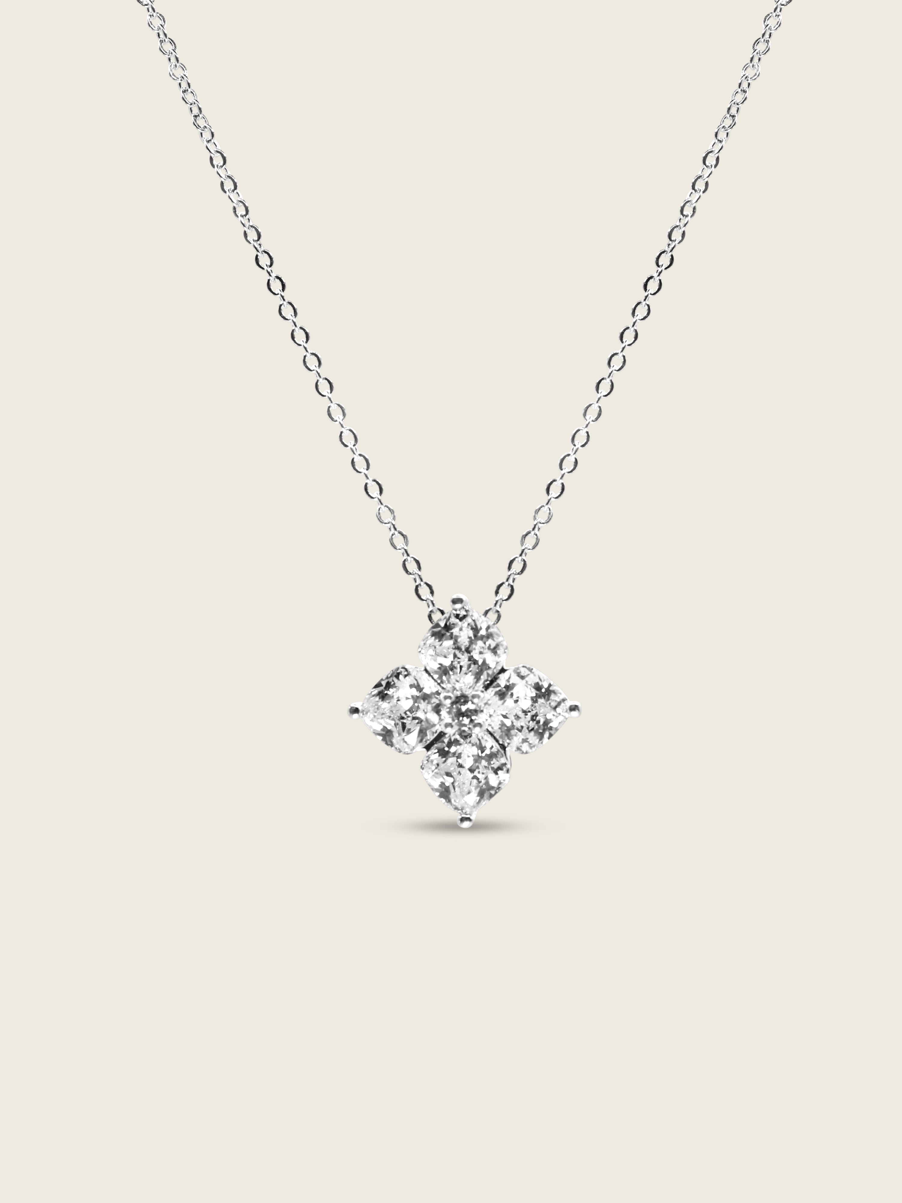 Crystal Hydrangea Necklace with a sparkling hydrangea pendant, set on a white gold-plated chain, displayed against a clean white background.
