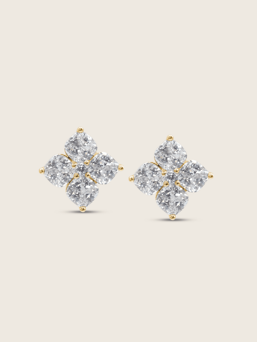 The Crystal Hydrangea Stud Earrings featuring individually cut CZ stones arranged in a floral design, set in sterling silver with gold plating, displayed on a clean white background.