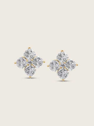 The Crystal Hydrangea Stud Earrings featuring individually cut CZ stones arranged in a floral design, set in sterling silver with gold plating, displayed on a clean white background.