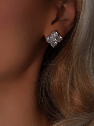 Animated close-up of a model wearing the Crystal Hydrangea Stud Earring, gently turning to reveal the sparkle and dimension of the CZ stones in a white gold plated sterling silver setting.