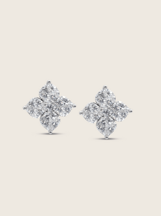 The Crystal Hydrangea Stud Earrings featuring individually cut CZ stones arranged in a floral design, set in sterling silver with white gold plating, displayed on a clean white background.