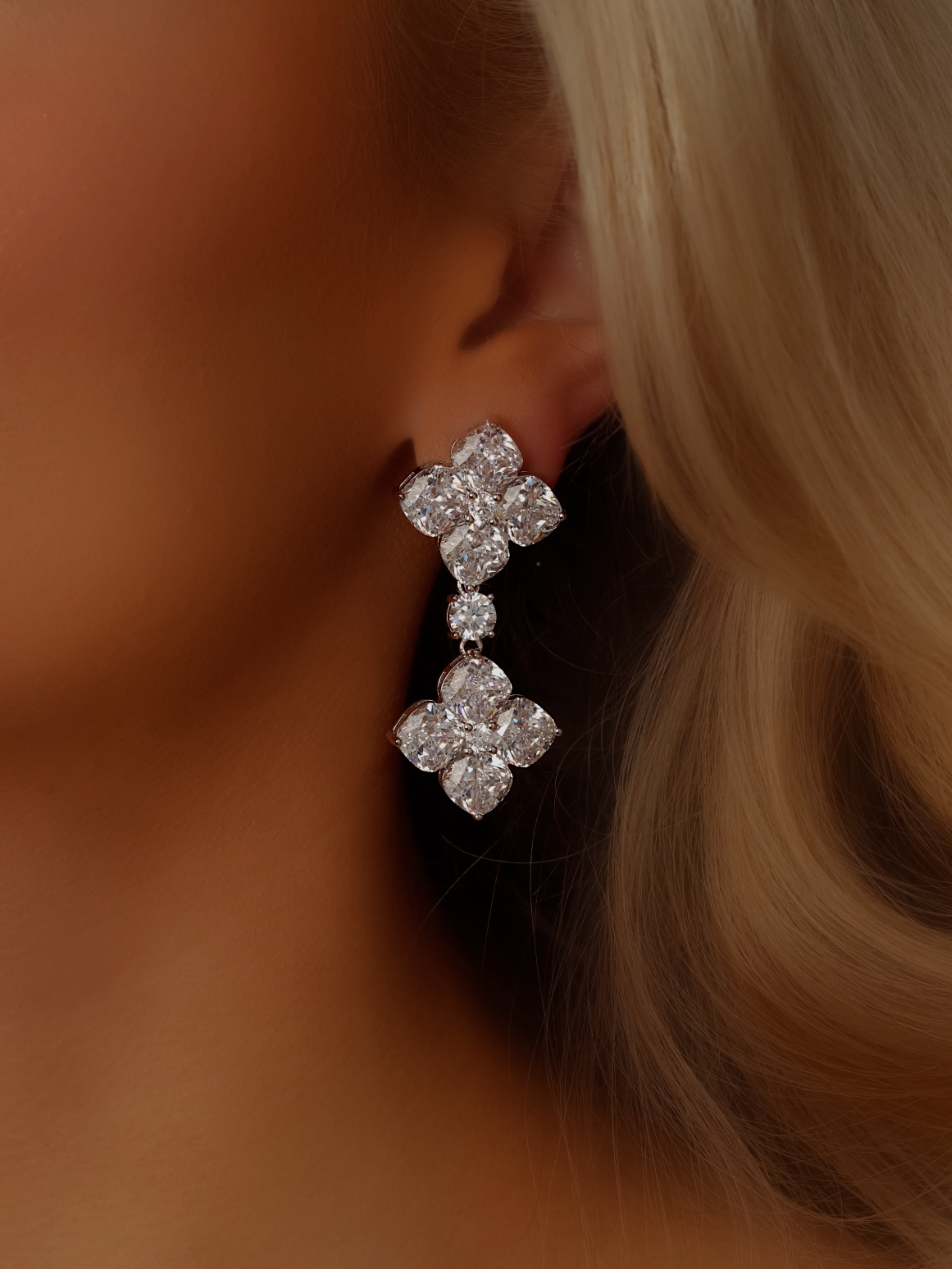 Close-up of a model wearing the Double Crystal Drop Hydrangea Earrings, showcasing the two-tier design and sparkling CZ stones in a white gold-plated sterling silver setting.