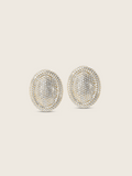 Gold plated Gigi pavé oval stud earrings fully encrusted with clear CZ stones, shown on white background. Bold statement earrings with all-over sparkle.