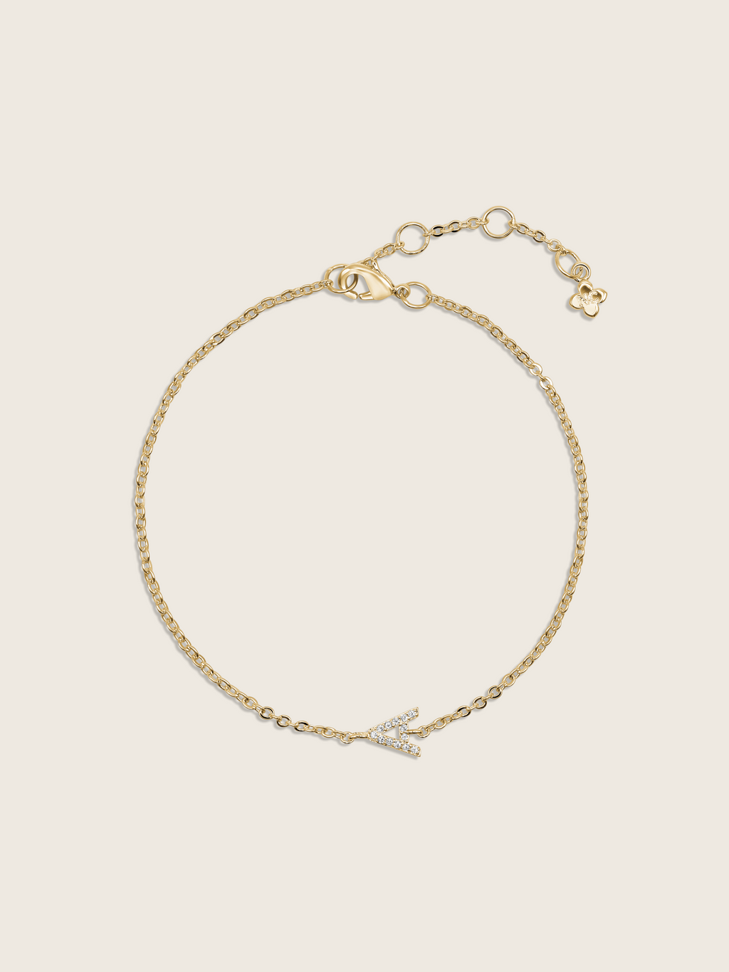Customisable Love Letter bracelet in gold with CZ-studded ‘A’ charm, dainty chain with secure clasp 