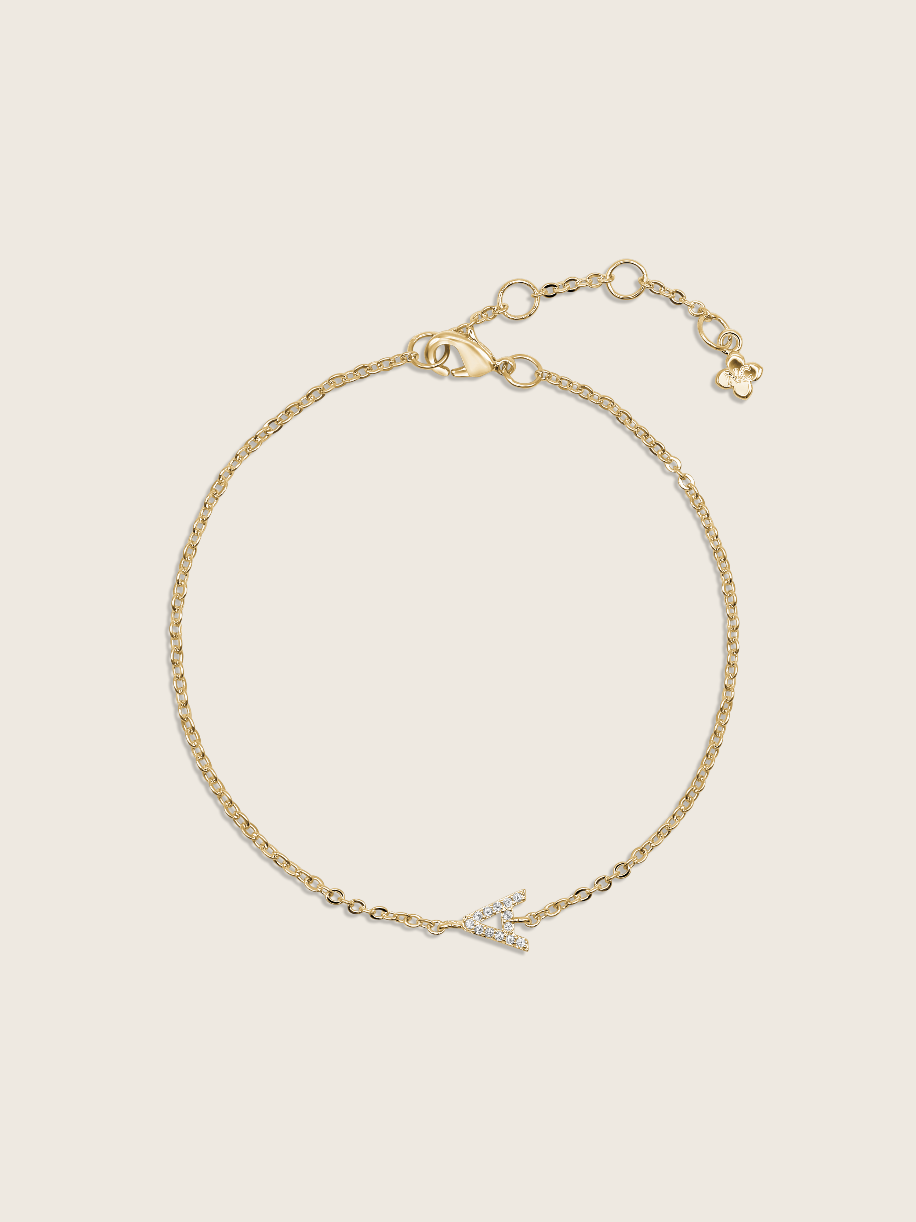 Customisable Love Letter bracelet in gold with CZ-studded ‘A’ charm, dainty chain with secure clasp 