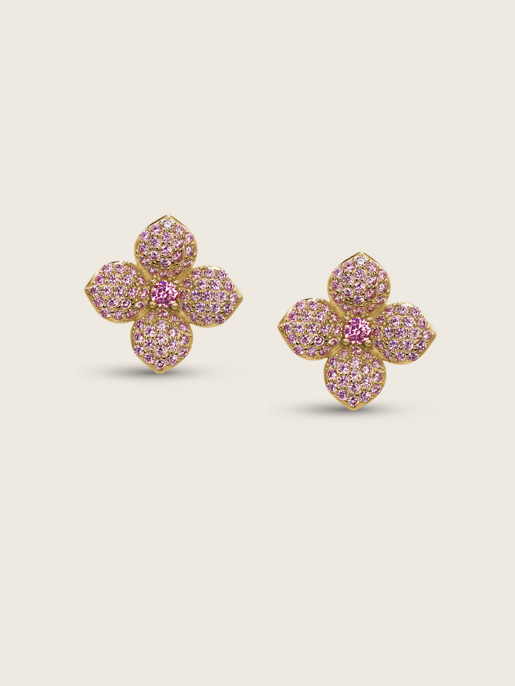 Gold plated mini hydrangea stud earrings with light pink cubic zirconia stones and centre pink CZ, floral design perfect for subtle sparkle and soft romantic styling