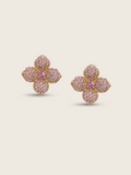 Gold plated mini hydrangea stud earrings with light pink cubic zirconia stones and centre pink CZ, floral design perfect for subtle sparkle and soft romantic styling
