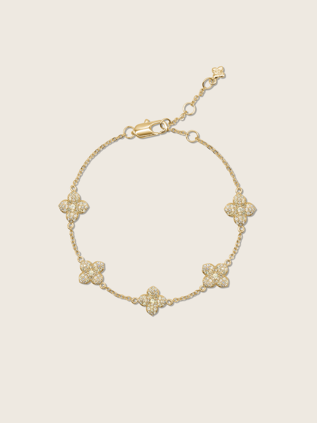 Gold plated hydrangea flower bracelet with lemon yellow CZ stones, dainty chain and five mini floral charms