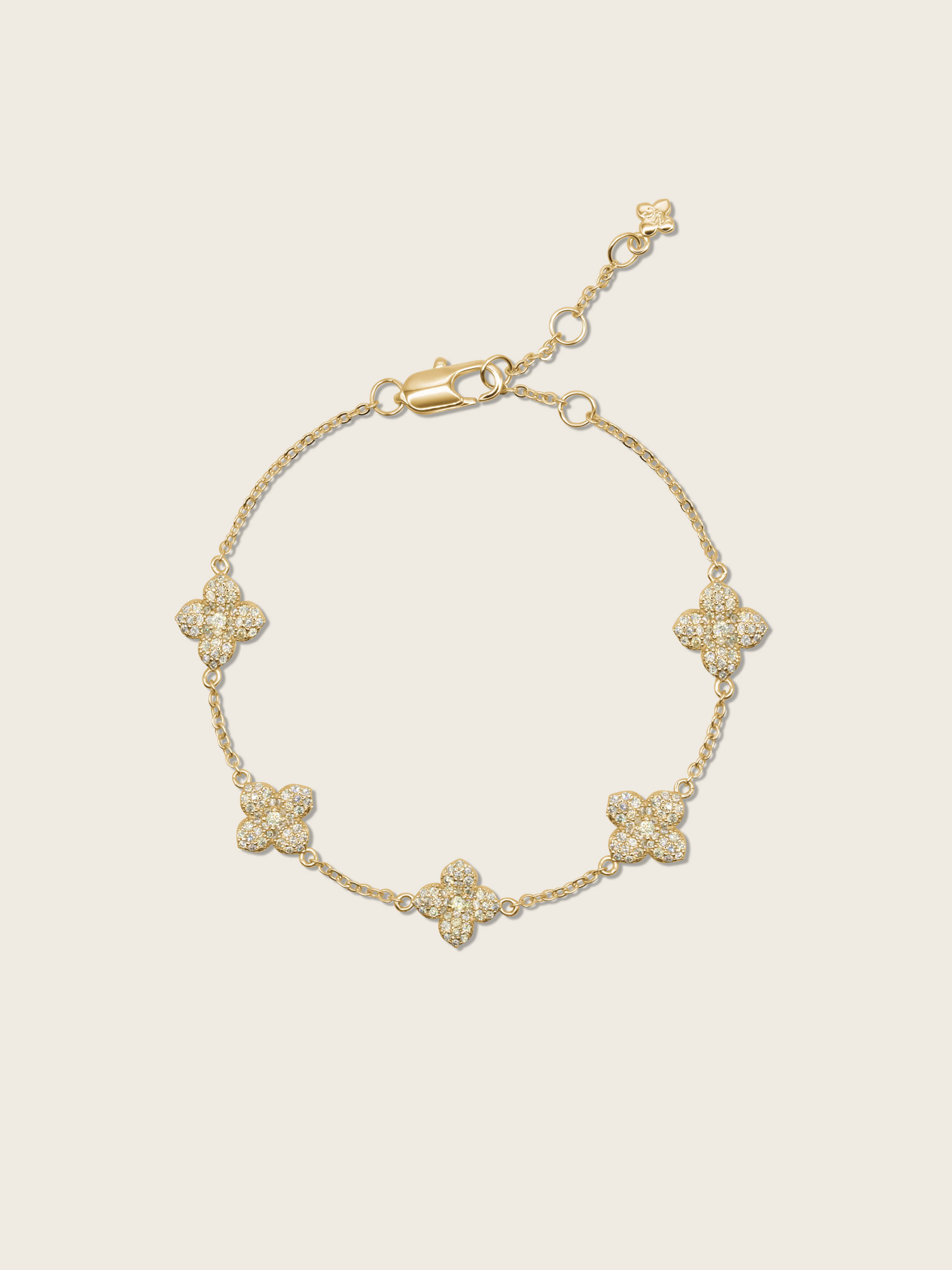Gold plated hydrangea flower bracelet with lemon yellow CZ stones, dainty chain and five mini floral charms