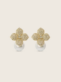 Gold plated Hydrangea earrings with yellow CZ sparkly stones and shell pearl, photographed on a neutral background, perfect for weddings and other formal occasions
