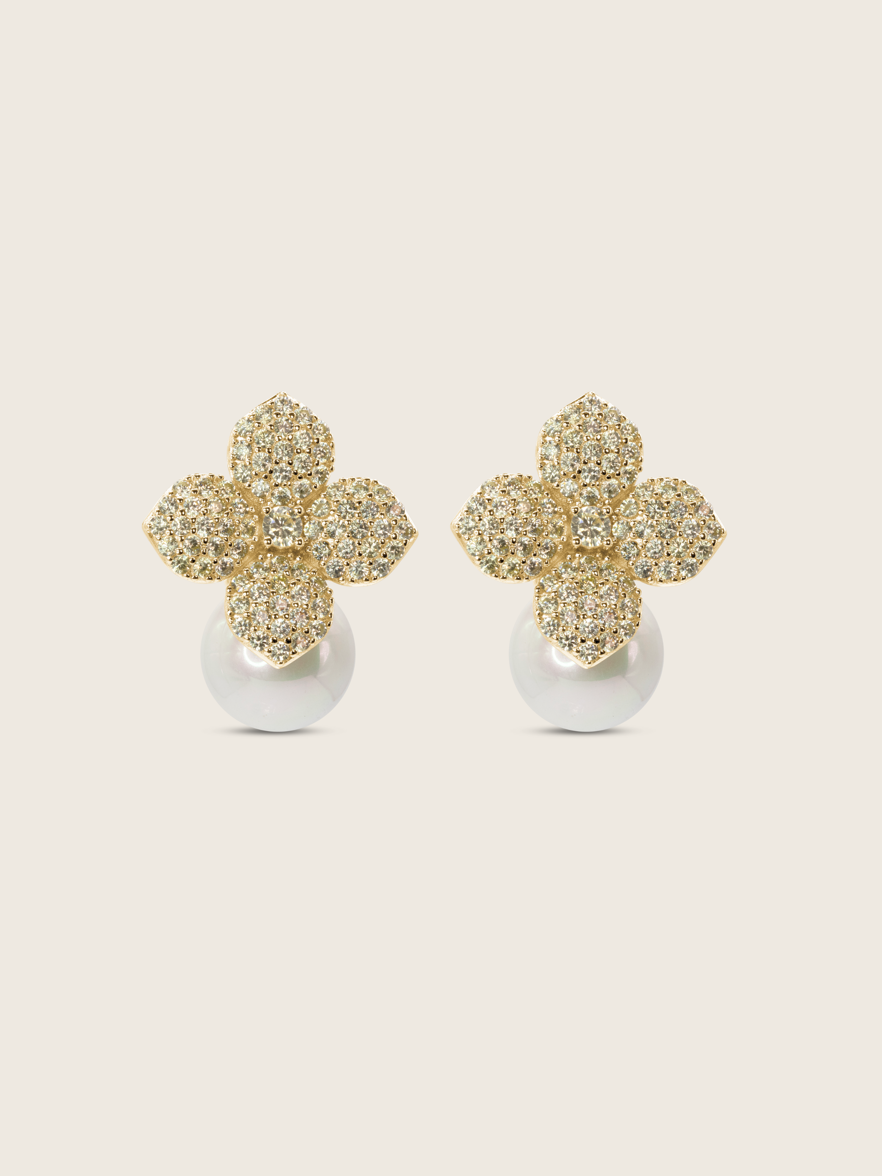 Gold plated Hydrangea earrings with yellow CZ sparkly stones and shell pearl, photographed on a neutral background, perfect for weddings and other formal occasions