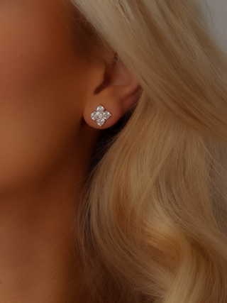 Close-up of the Gold Plated Mini Crystal Hydrangea Stud earring on a model’s ear, showing the detailed hydrangea motif and warm gold finish paired with a shimmering crystal centre.