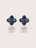 14k gold plated hydrangea earrings with translucent deep blue cubic zirconia stones and shell pearls