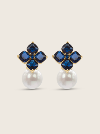 14k gold plated hydrangea earrings with translucent deep blue cubic zirconia stones and shell pearls