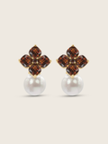14k gold plated hydrangea earrings with translucent cinnamon cubic zirconia stones and shell pearls