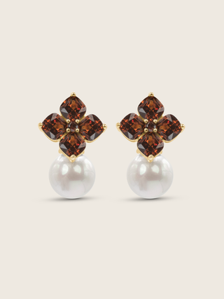14k gold plated hydrangea earrings with translucent cinnamon cubic zirconia stones and shell pearls