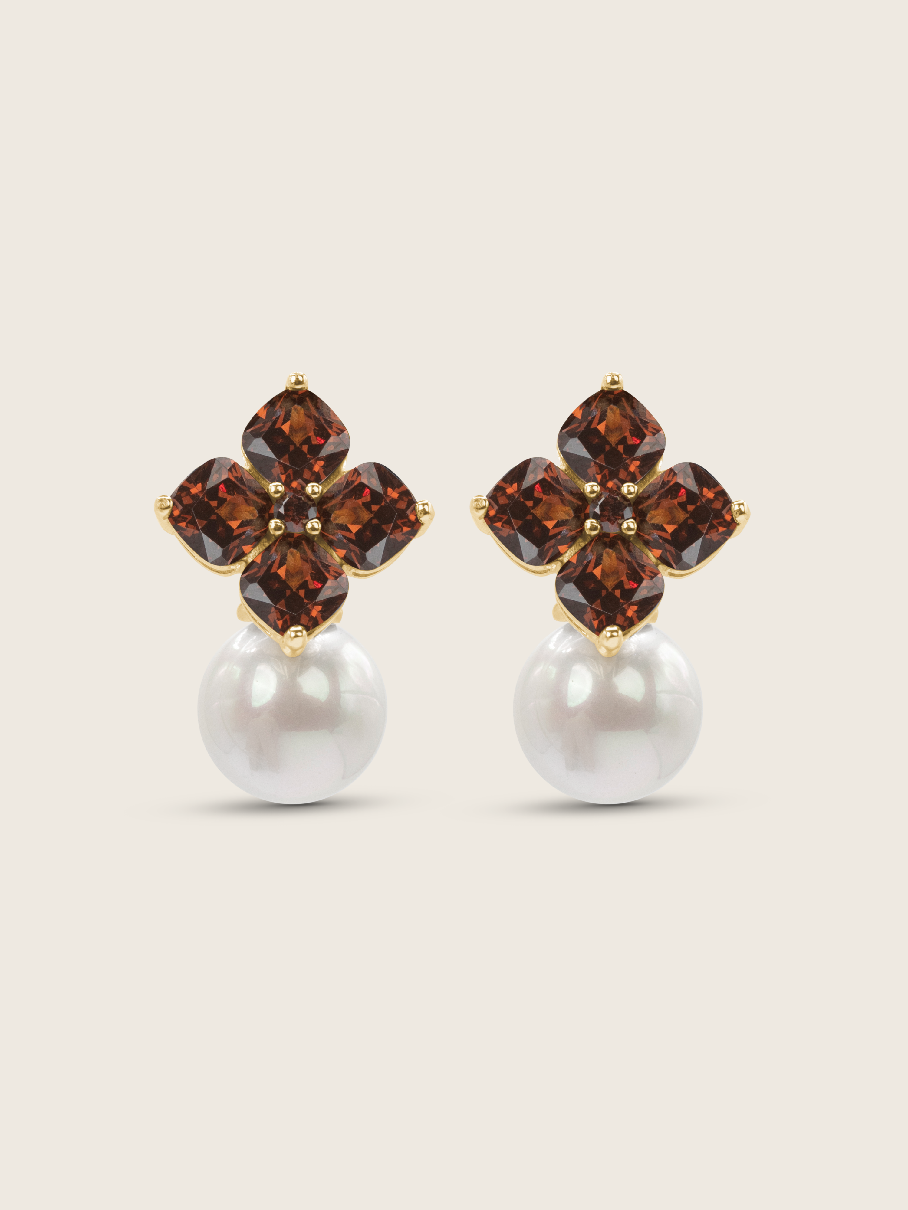 14k gold plated hydrangea earrings with translucent cinnamon cubic zirconia stones and shell pearls