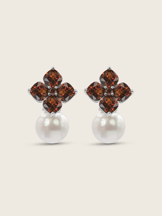 White gold plated hydrangea earrings with translucent cinnamon cubic zirconia stones and shell pearls