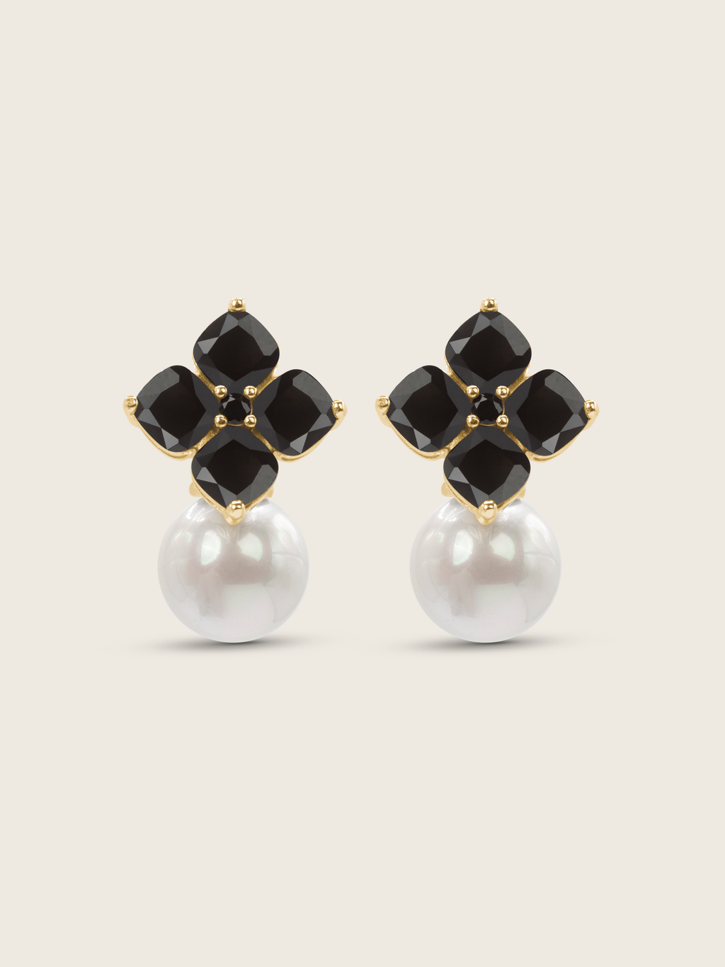 14k gold plated hydrangea earrings with black cubic zirconia stones and shell pearls for formal wear