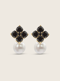 14k gold plated hydrangea earrings with black cubic zirconia stones and shell pearls for formal wear