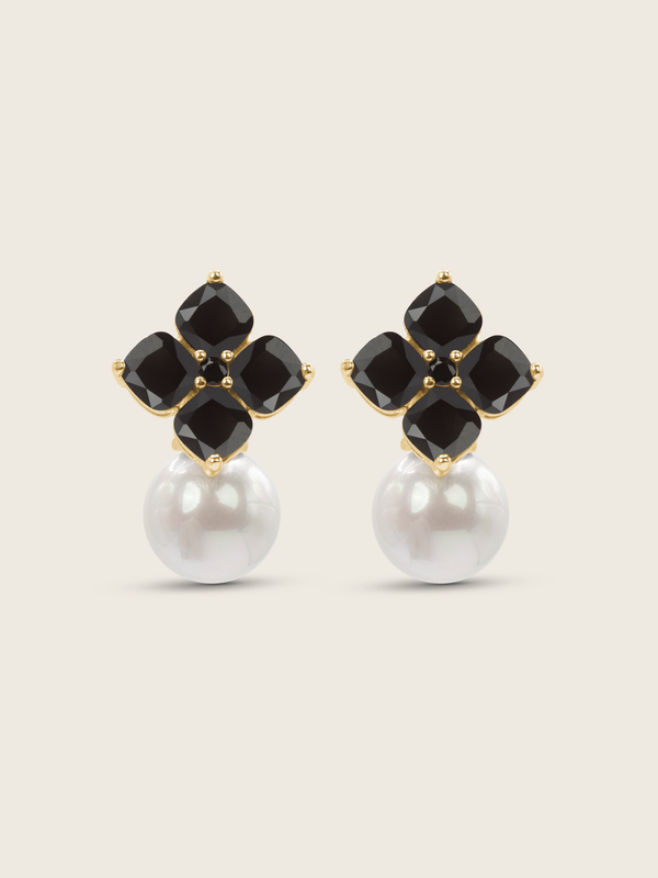 14k gold plated hydrangea earrings with black cubic zirconia stones and shell pearls for formal wear