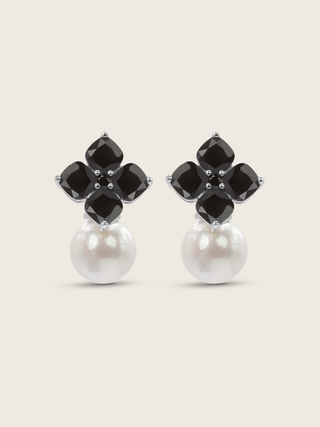 White gold plated hydrangea earrings with black cubic zirconia stones and shell pearls for evening occasions