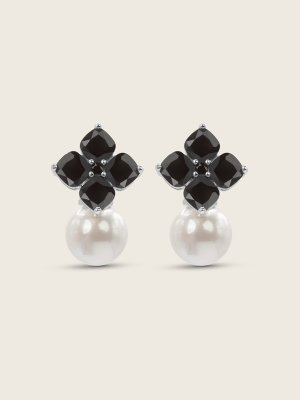 White gold plated hydrangea earrings with black cubic zirconia stones and shell pearls for evening occasions