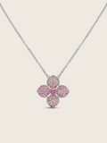 hydrangea necklace with light pink stones, white gold plated flower pendant shown on a white background. Perfect for everyday wear.