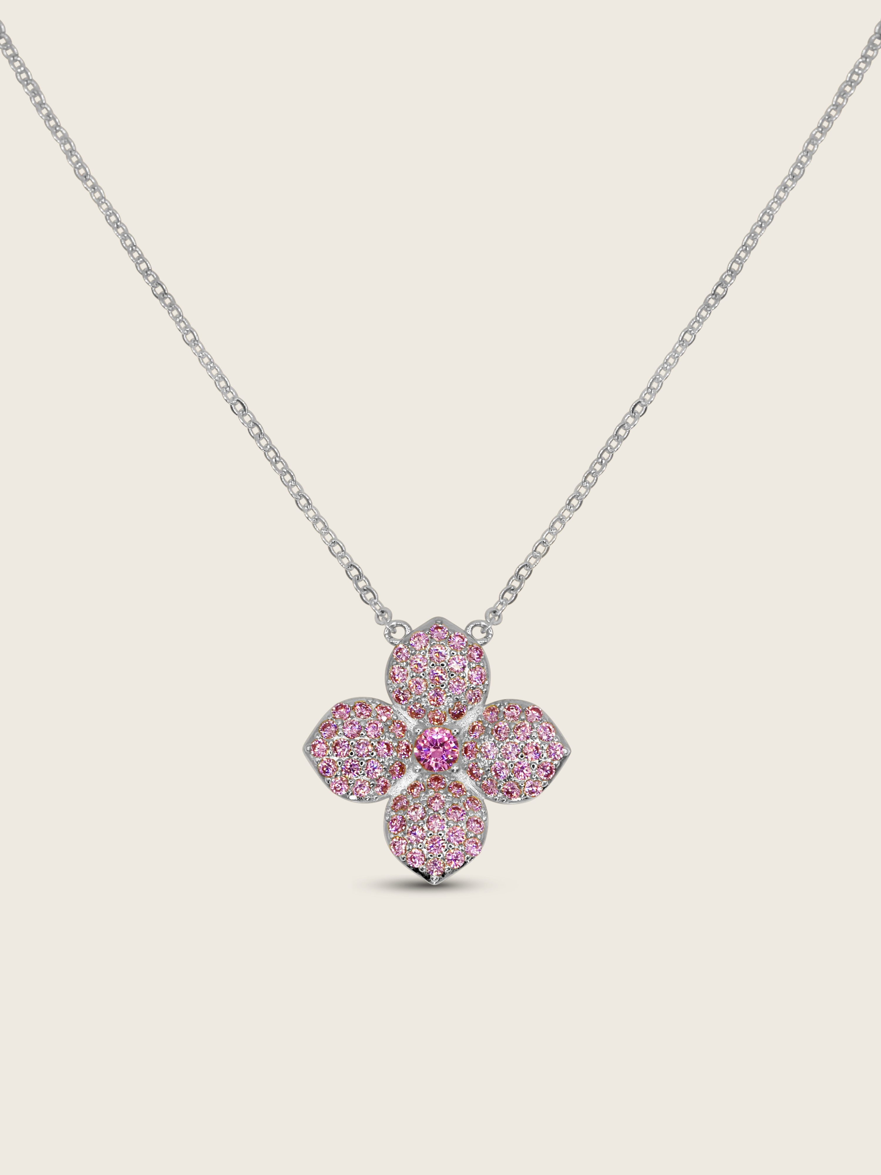 hydrangea necklace with light pink stones, white gold plated flower pendant shown on a white background. Perfect for everyday wear.