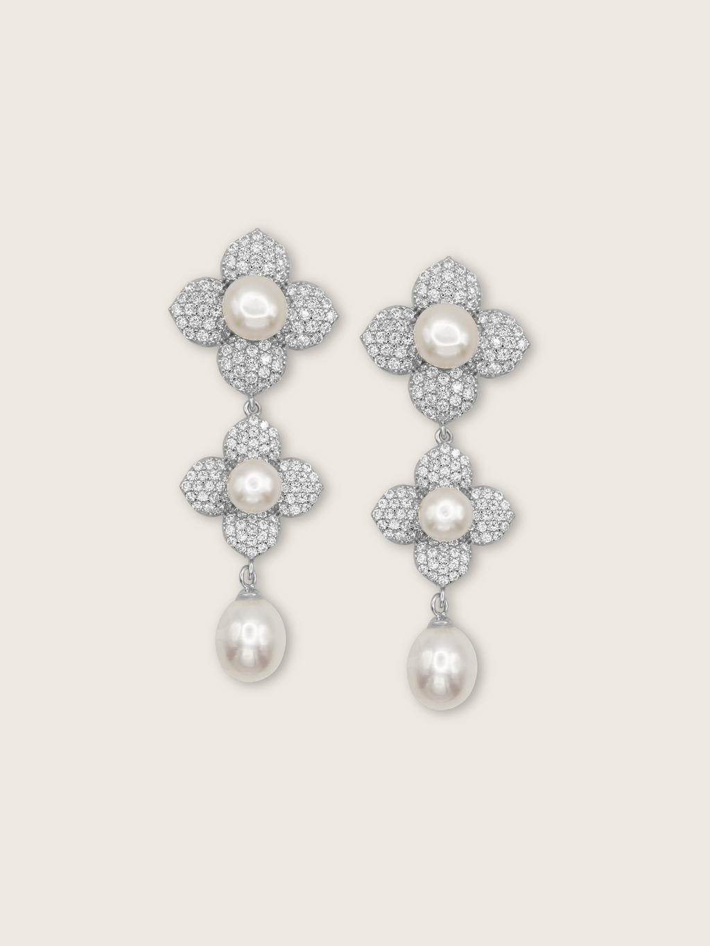 Triple hydrangea drop earrings with freshwater pearls and pavé CZ petals in white gold finish