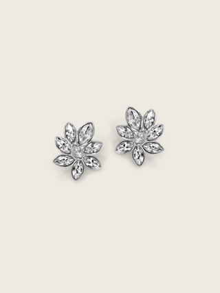  Iris Earrings in premium White Gold plating with marquise cut clear crystal cubic zirconia stones in floral design, displayed on neutral background