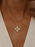Lemon Drop Hydrangea necklace with 14k Gold plating, showcasing lemon CZ flower pendant on an adjustable 40cm chain, worn by a model in a white dress
