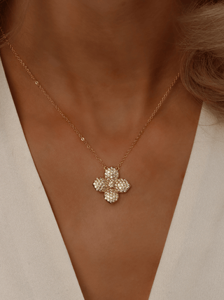 Lemon Drop Hydrangea necklace with 14k Gold plating, showcasing lemon CZ flower pendant on an adjustable 40cm chain, worn by a model in a white dress
