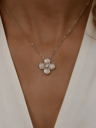 Lemon Drop Hydrangea necklace with premium White Gold plating, featuring a lemon CZ floral pendant on a 40cm adjustable chain, worn by a model in a white dress