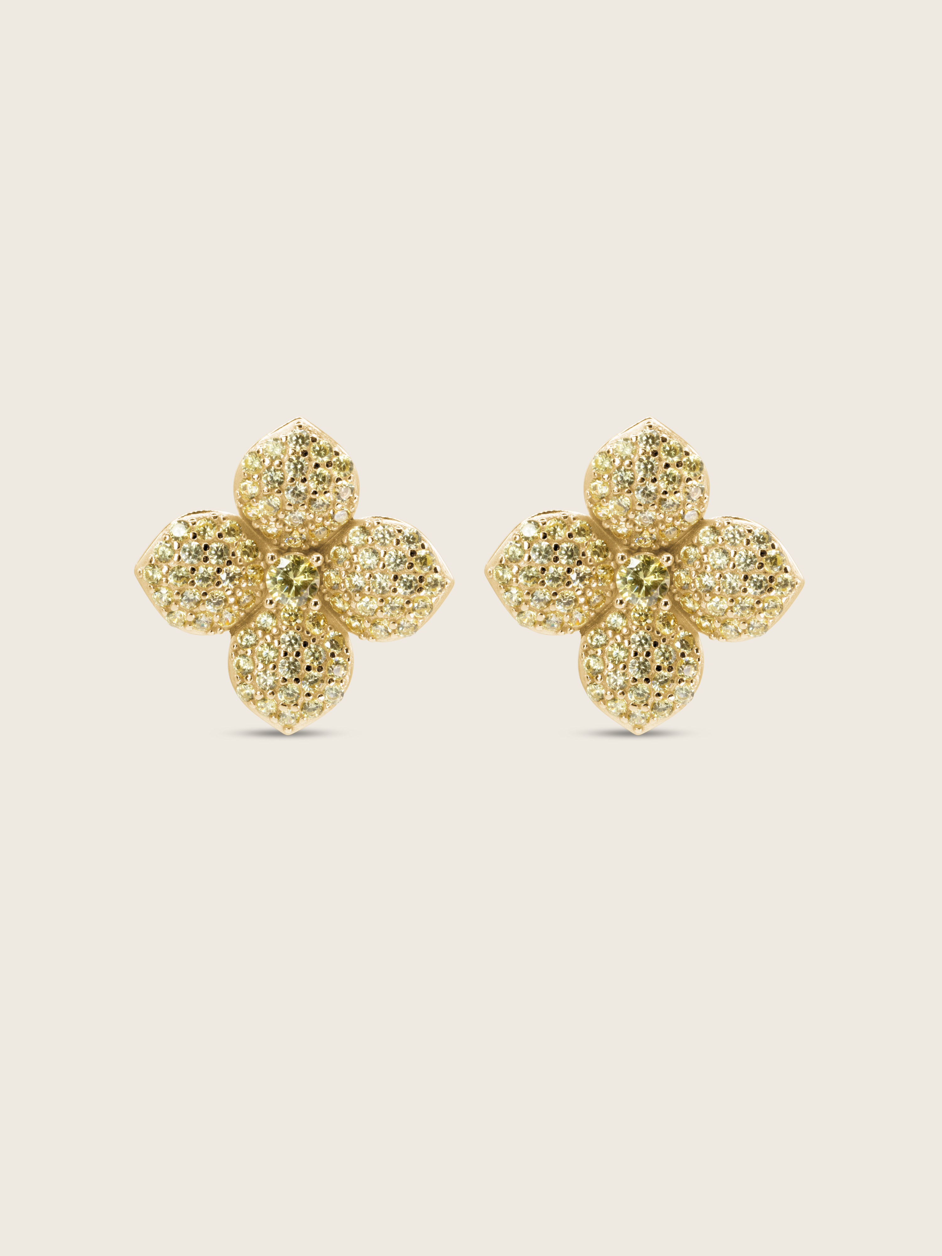 Gold-plated lemon drop hydrangea stud earring with floral textured petals, shown on white background