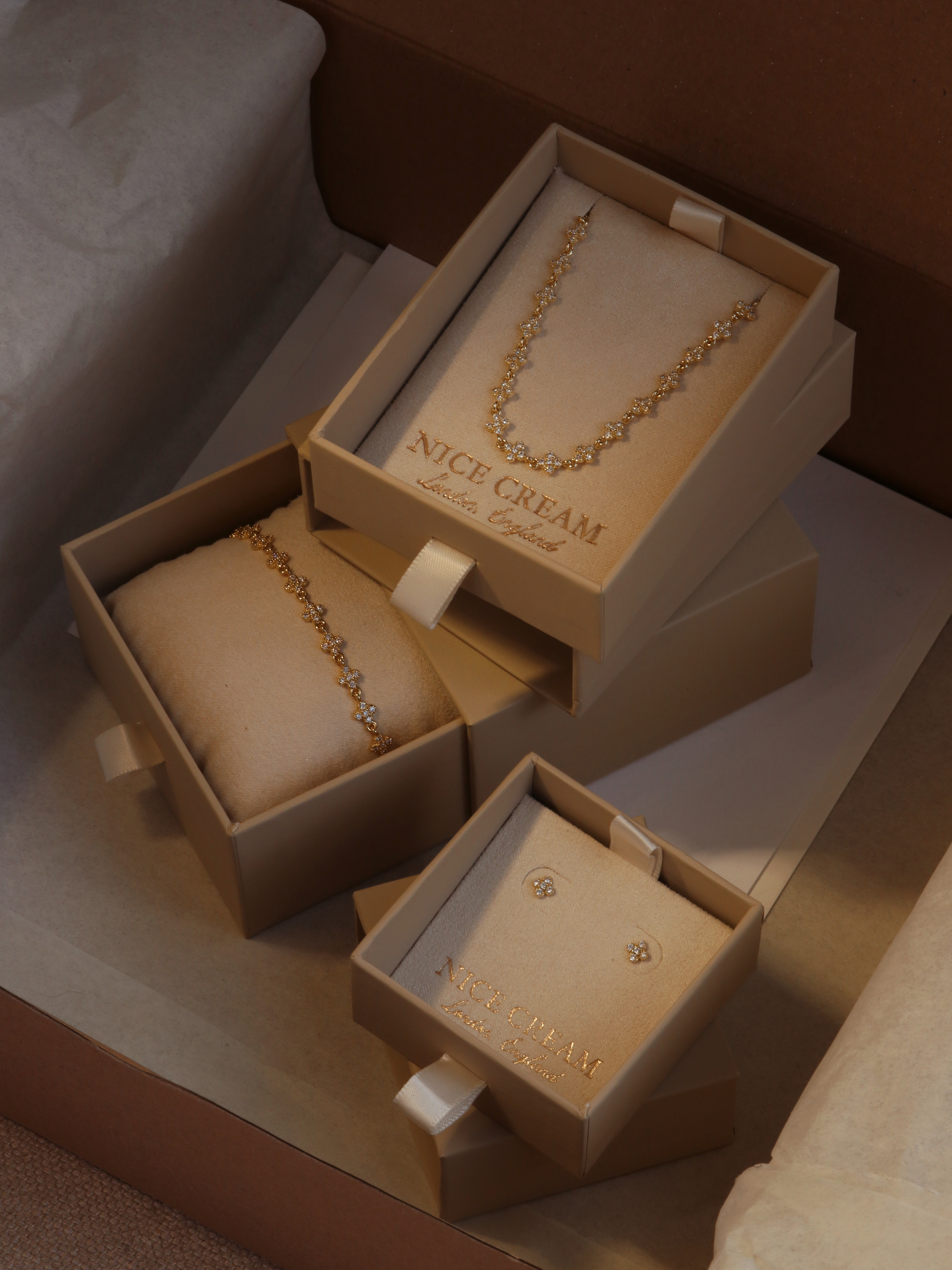 Overhead shot of the Micro Collection in brand packaging, showcasing the elegant presentation of the jewellery pieces.