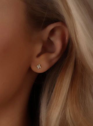 A close up of the sparkling micro hydrangea stud earring in a model's ear 