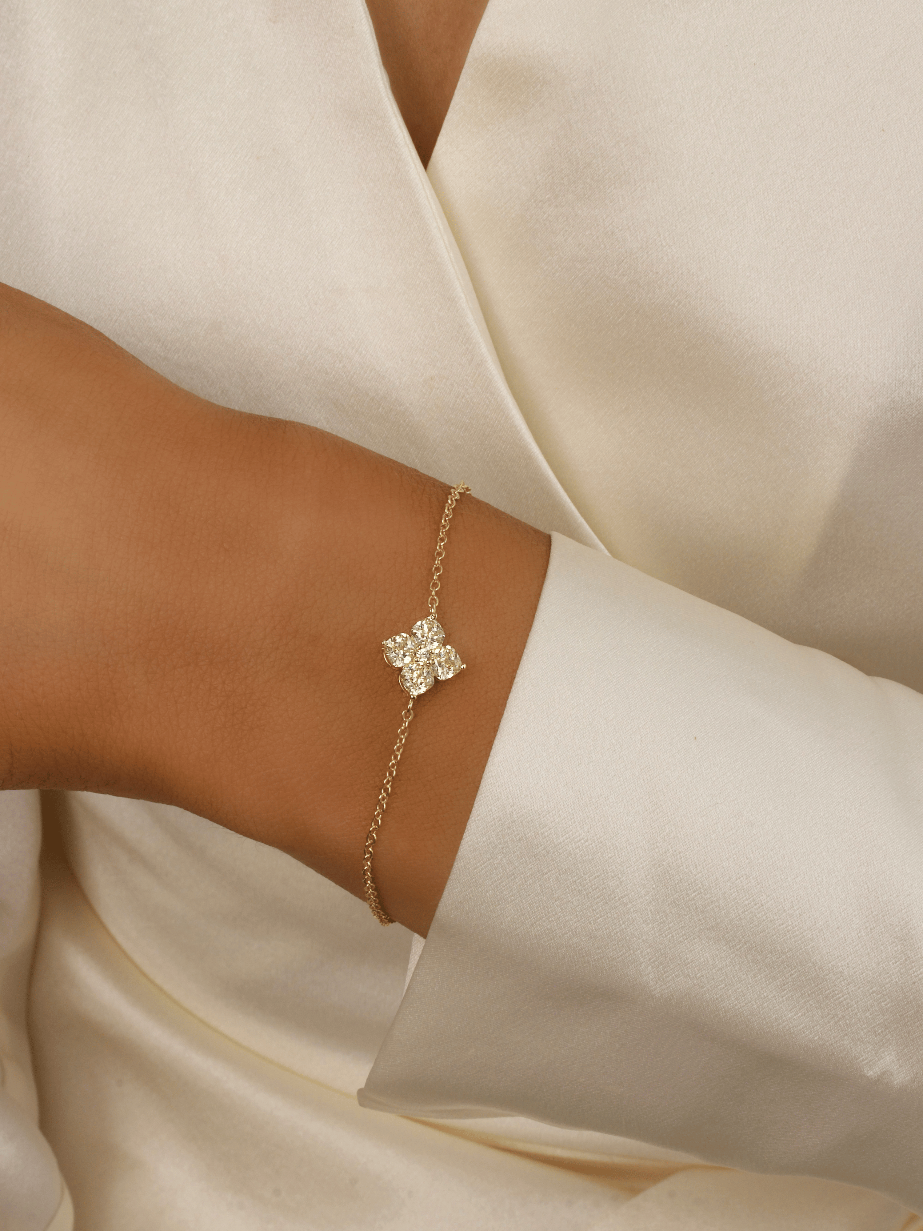Close-up of gold-plated bracelet with 1.1cm lemon CZ hydrangea flower on model’s wrist